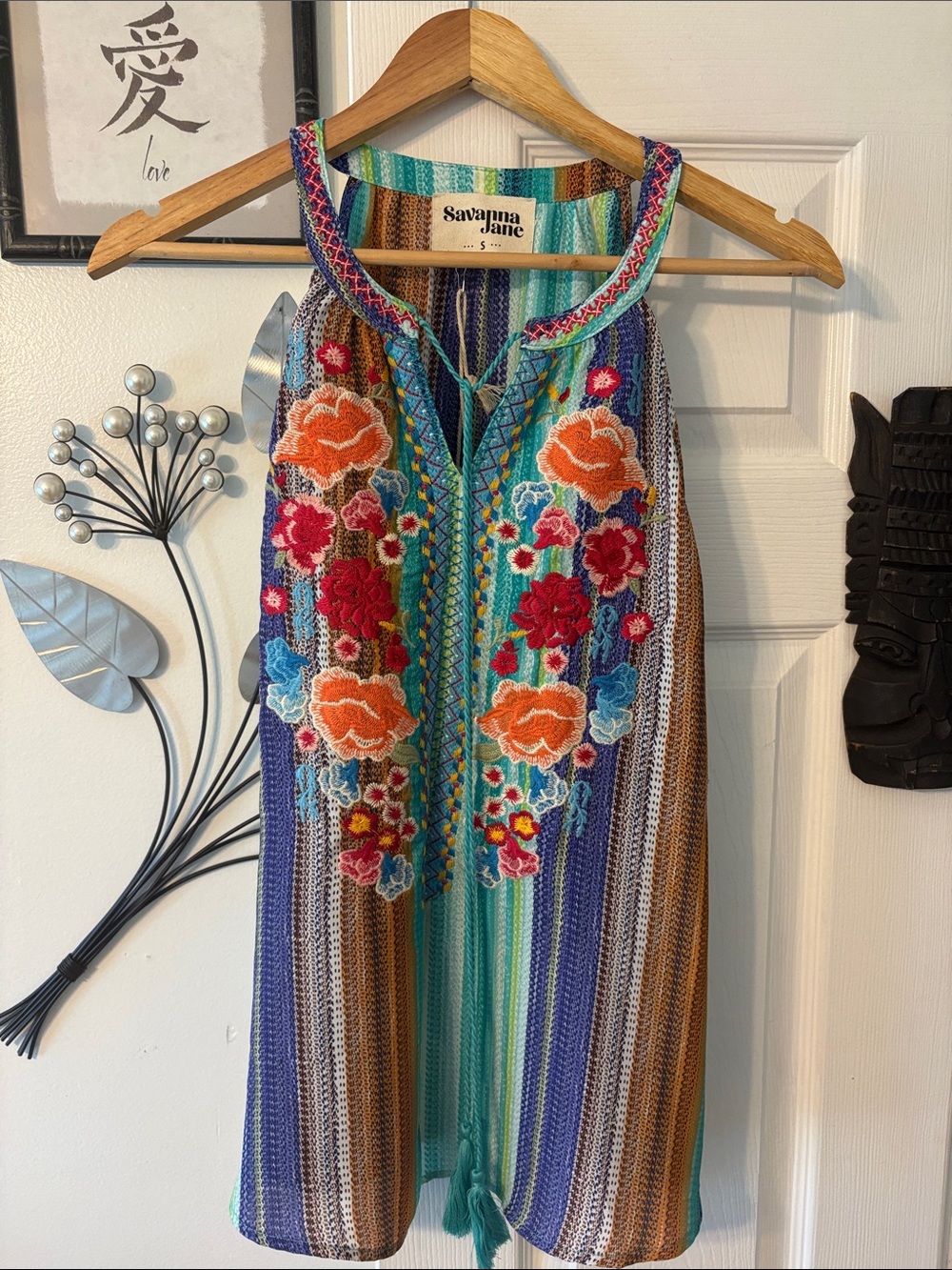 Savanna Jane Turquoise, Orange & Red Embroidered Sleeveless Mini Dress